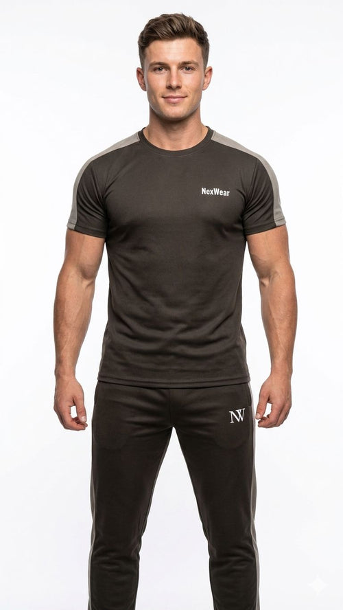 NexWear Contrast Performance Tracksuit - Black and Olive Green