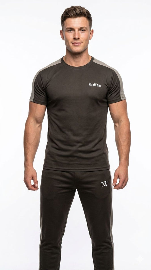 NexWear Contrast Performance Tracksuit - Black and Olive Green